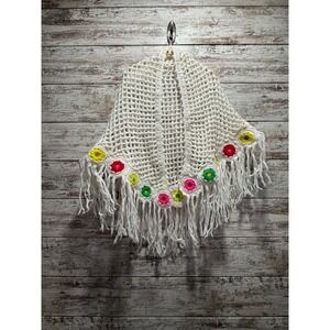 Boho Crochet Poncho Cape White Fringe Colorful Flower Trim